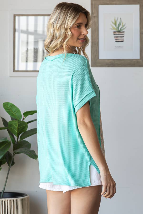 Multi Fabric Patchwork V neck Short Sleeve Top T5941