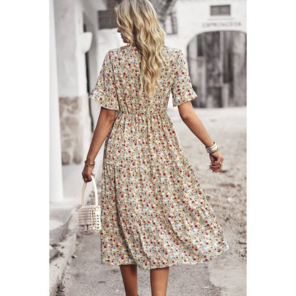 Boho Floral Ruffle Hem V Neck Short Sleeve Dress