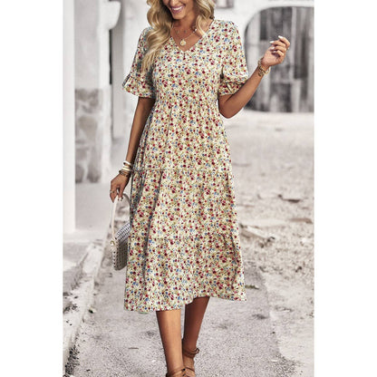 Boho Floral Ruffle Hem V Neck Short Sleeve Dress
