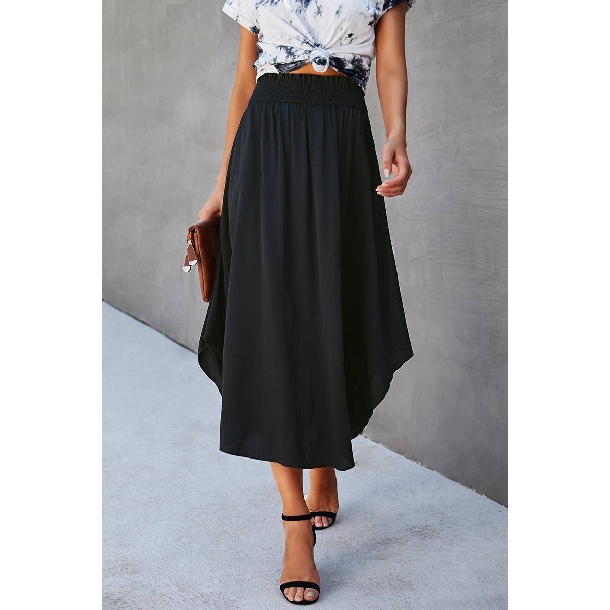Solid Shirred Elastic Waist A Line Flared Skirt