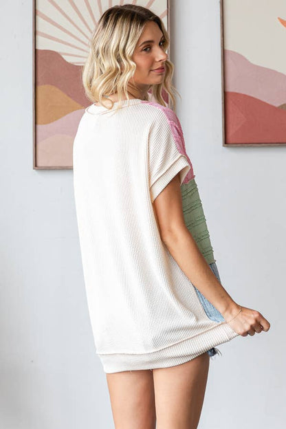 Color Block Textured Patchwork Short Sleeve Top