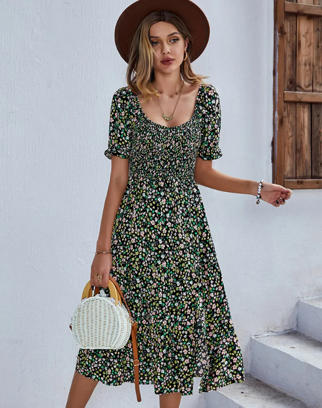 Bohemia Floral Puff Sleeve High Waist Flounce Sleeve Dress