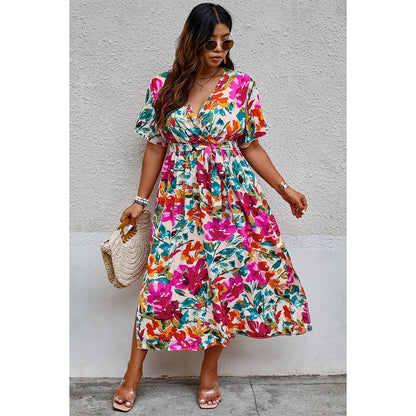 Plus Size Floral Butterfly Sleeve Belted Dress