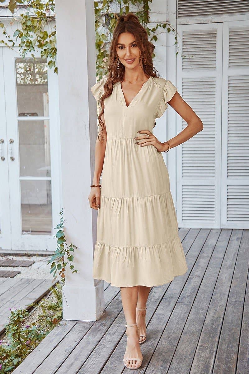 V Neck Flutter Sleeve Ruffle Hem Layered Dress