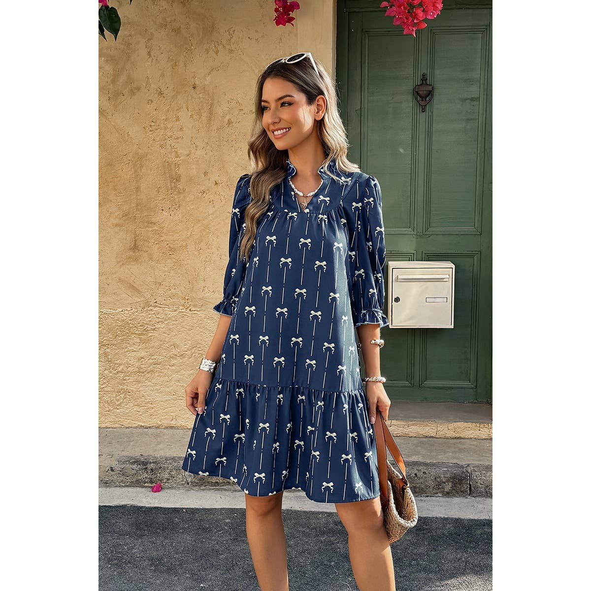 A Line Bow Ruffle V Neck Loose Fit Dress