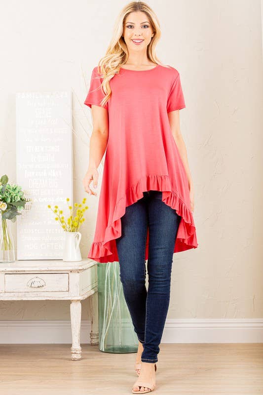 SOLID HIGH LOW TUNIC TOP WITH RUFFLED