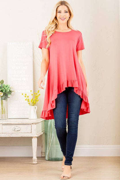 SOLID HIGH LOW TUNIC TOP WITH RUFFLED