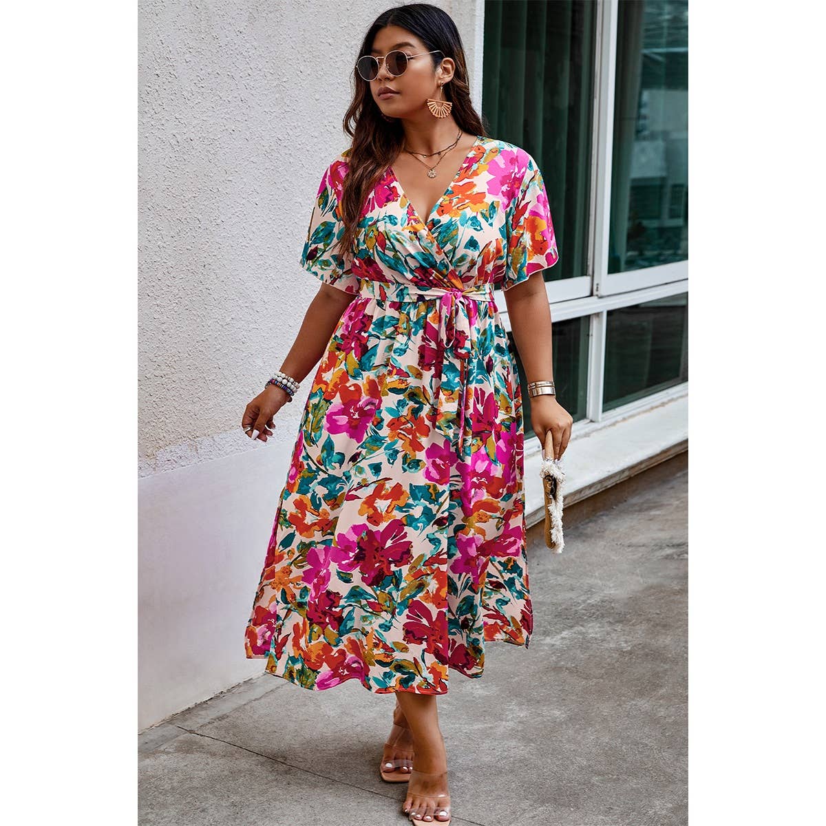 Plus Size Floral Butterfly Sleeve Belted Dress