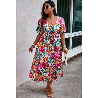 Plus Size Floral Butterfly Sleeve Belted Dress