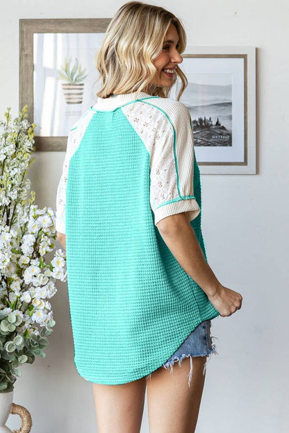 Waffle Knit Lace Detail V Neck Short Sleeve Top T5860
