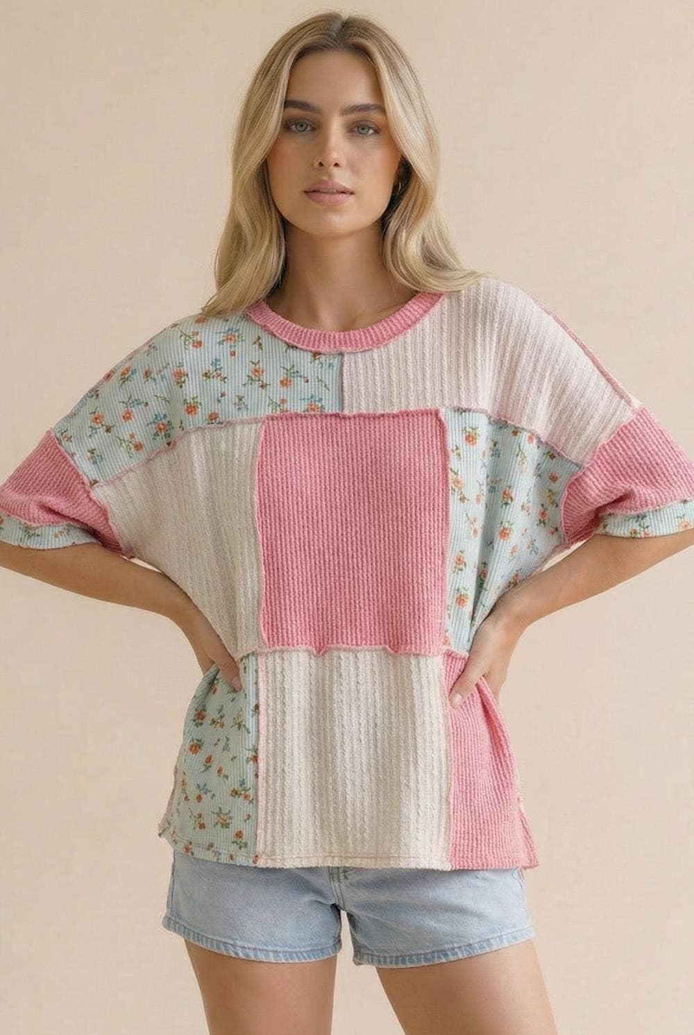 Plus Floral Ribbed Color Block Patchwork Top