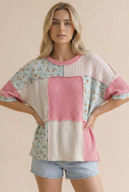 Plus Floral Ribbed Color Block Patchwork Top