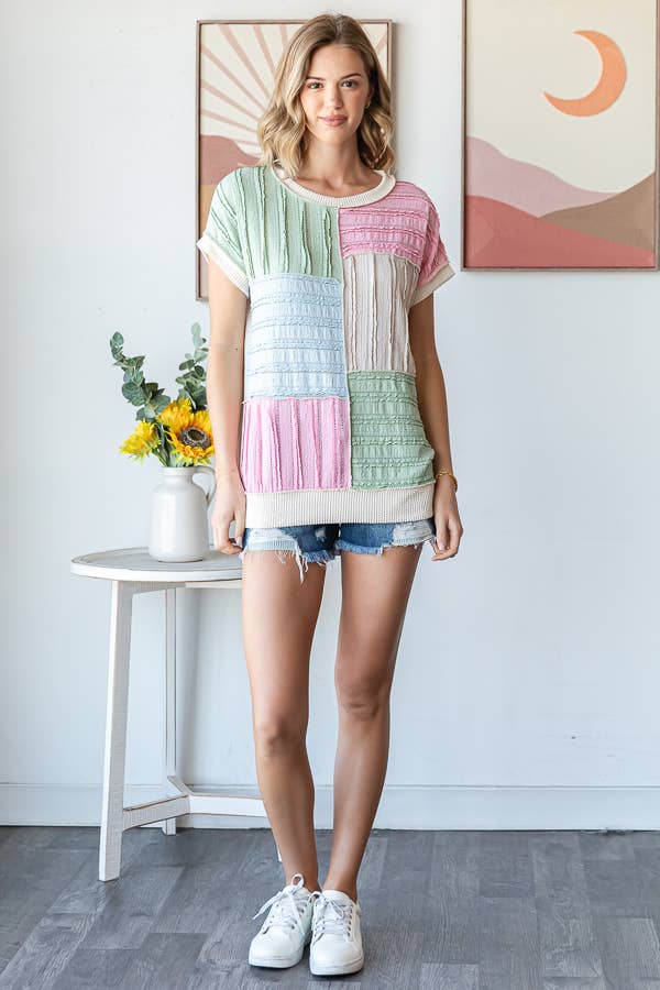 Color Block Textured Patchwork Short Sleeve Top