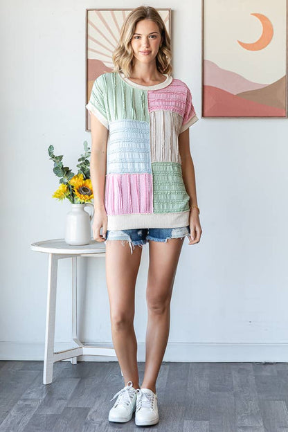 Color Block Textured Patchwork Short Sleeve Top