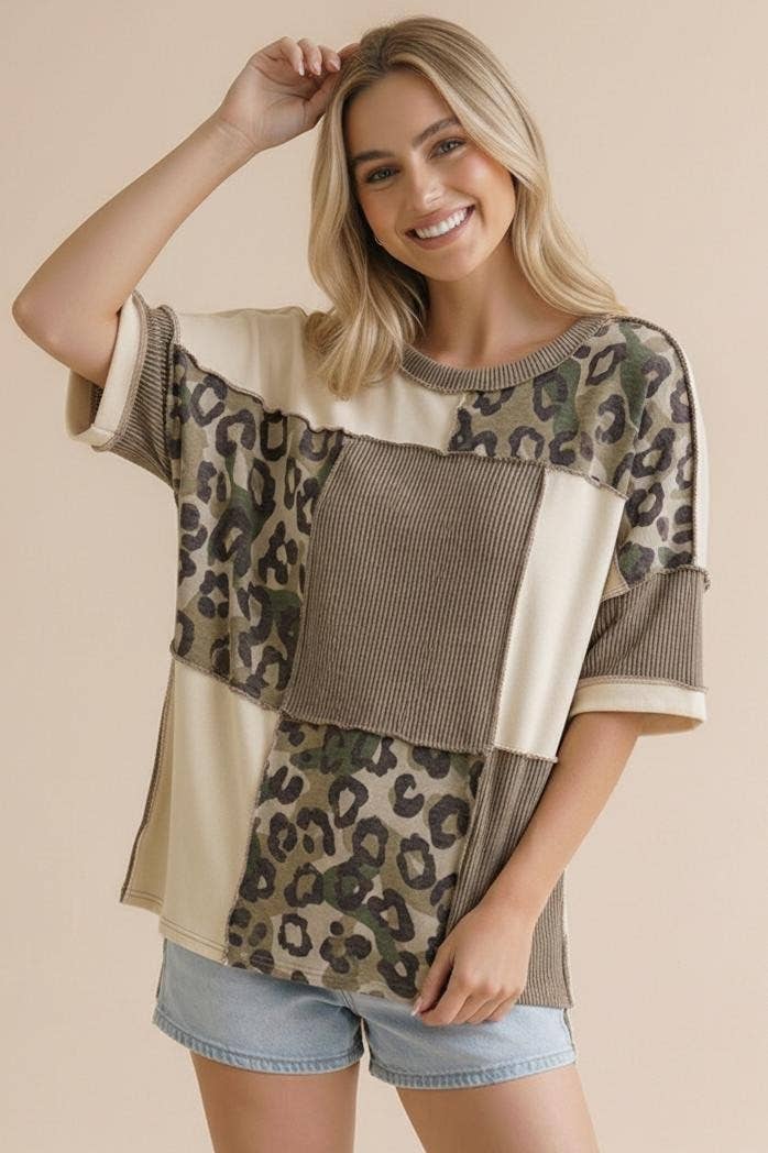 Plus Camo Animal Print Color Block Top