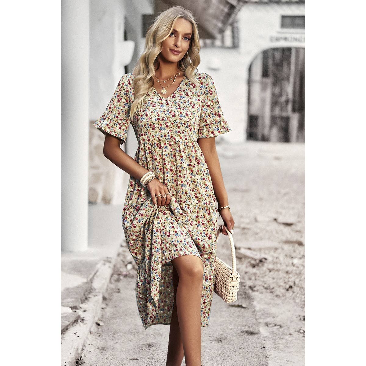 Boho Floral Ruffle Hem V Neck Short Sleeve Dress