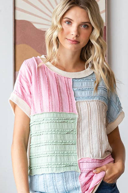Color Block Textured Patchwork Short Sleeve Top