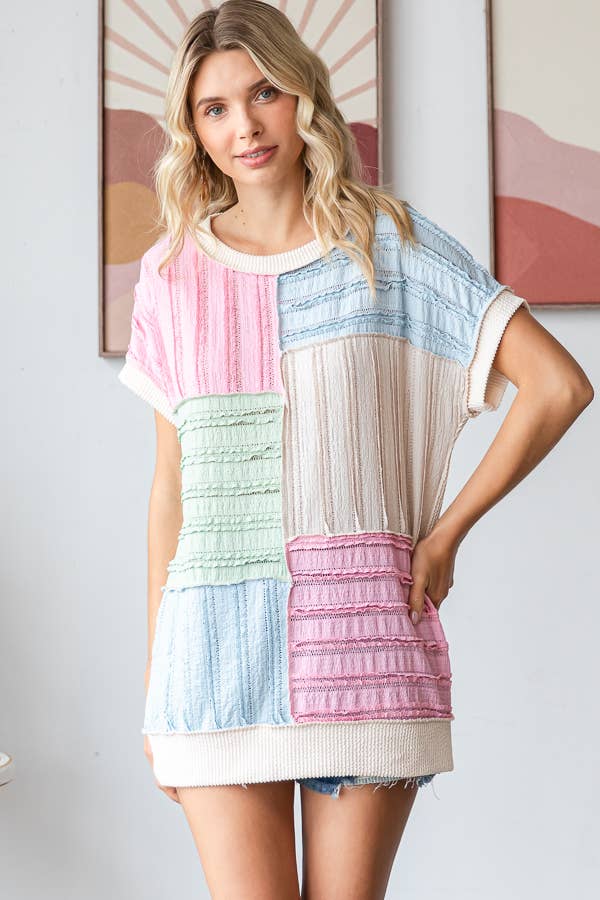 Color Block Textured Patchwork Short Sleeve Top
