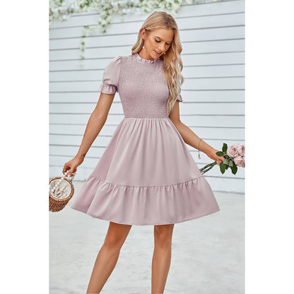 Solid Puff Sleeve Shirred Detail Ruffle Hem Dress
