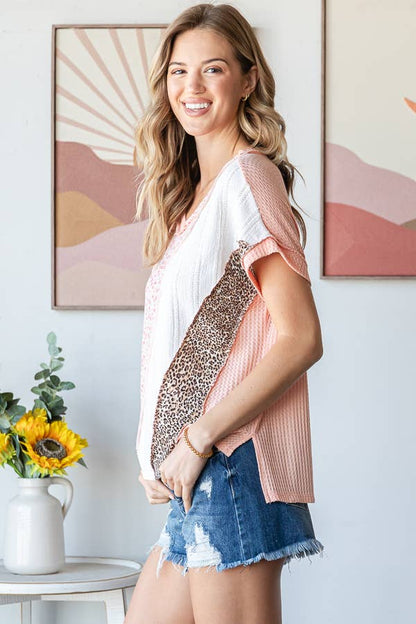 Multi Fabric Patchwork V neck Short Sleeve Top T5941