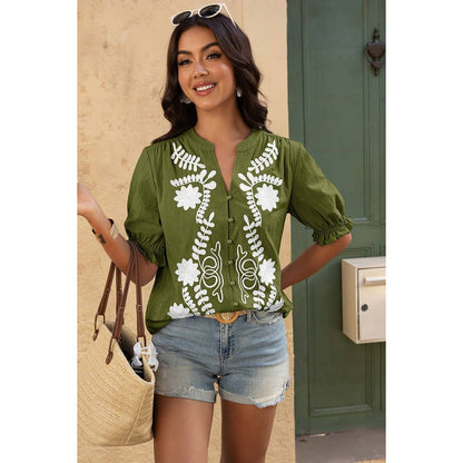 V Neck Boho Puff Short Sleeve Button Down Shirt