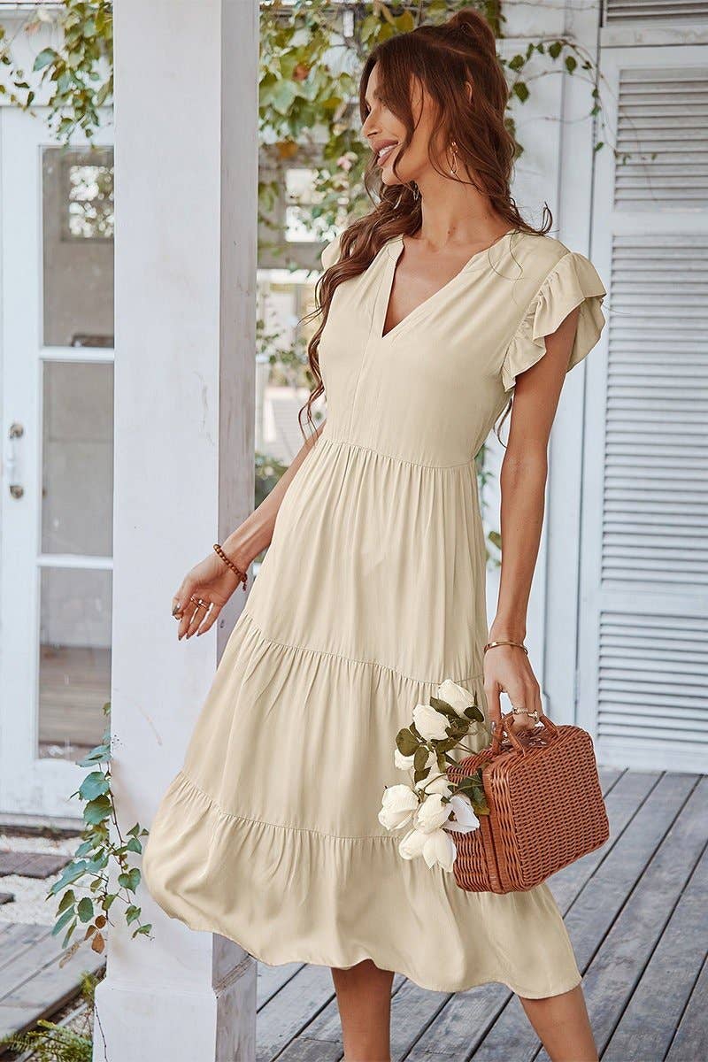 V Neck Flutter Sleeve Ruffle Hem Layered Dress