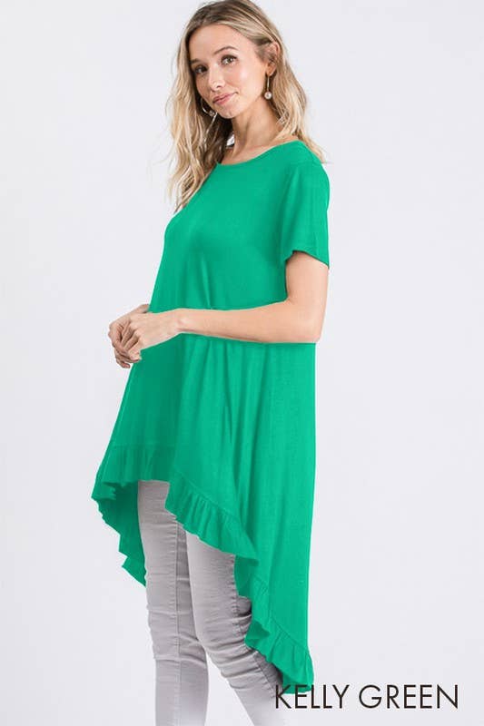 SOLID HIGH LOW TUNIC TOP WITH RUFFLED