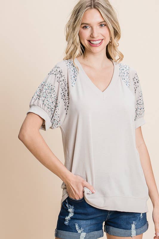Floral Printed Puff Sleeves V-Neck Top