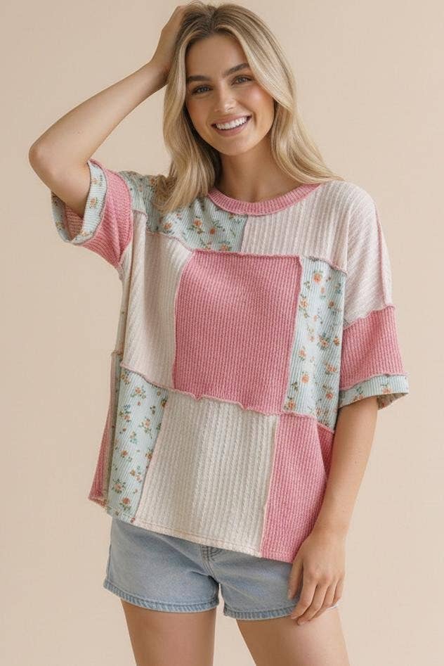 Plus Floral Ribbed Color Block Patchwork Top