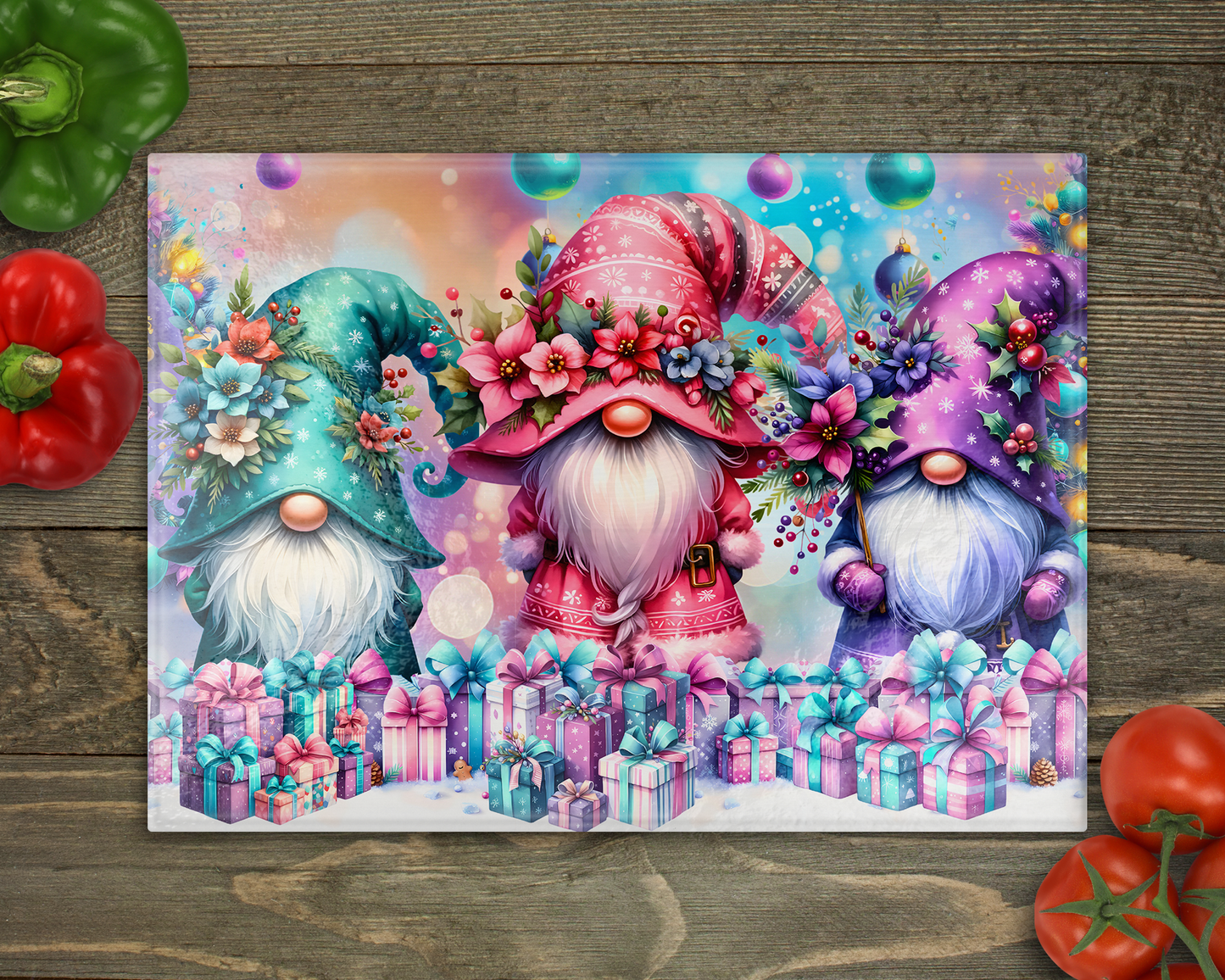Holiday Gnomes Glass Cutting Board