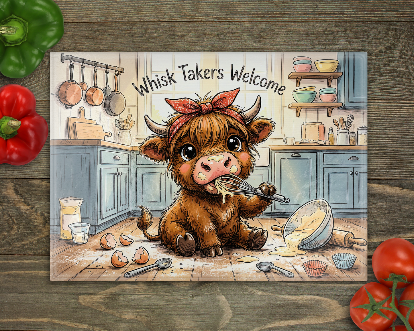 Highland Cow Whisk Glass Cutting Board