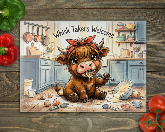 Highland Cow Whisk Glass Cutting Board