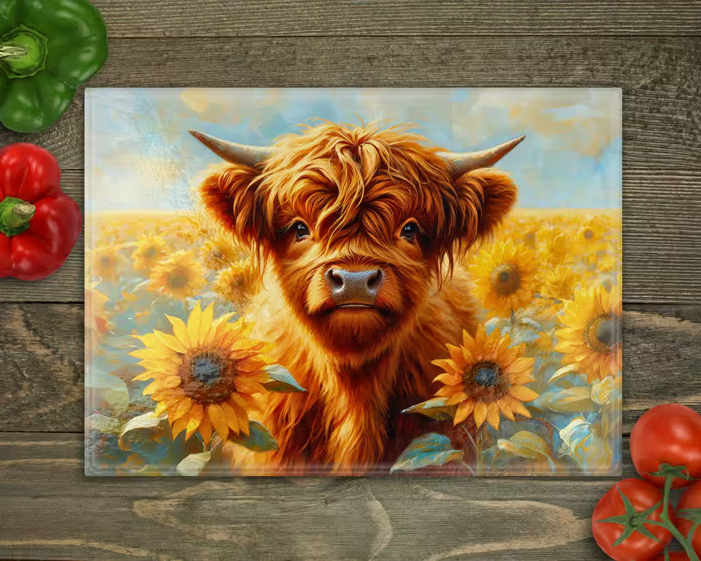 Highland Cow Sunflowers Glass Cutting Board