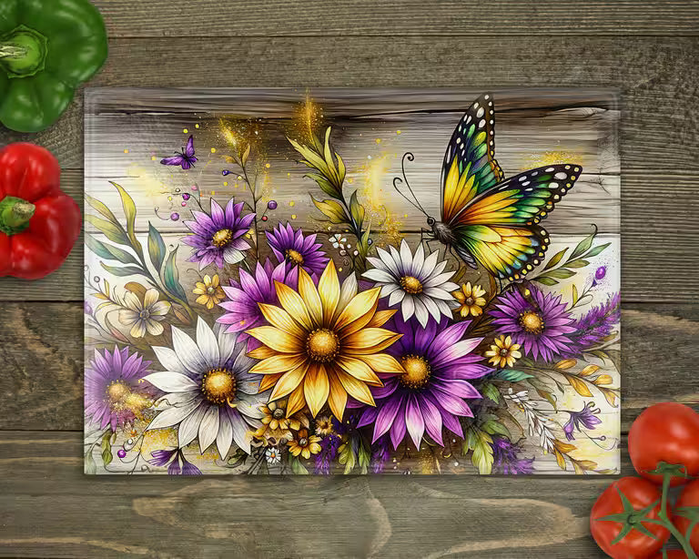 Butterfly Floral Glass Cutting Board