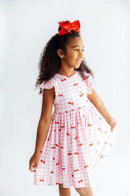 Cherry Sweet Flutter Sleeve Twirl Dress