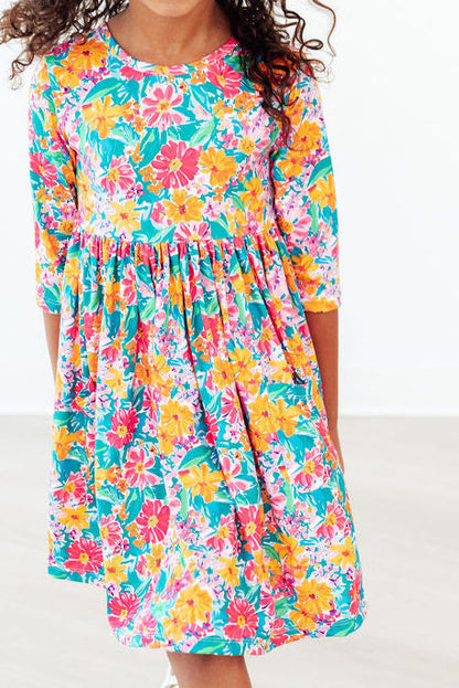 Floral Fiesta 3/4 Sleeve Pocket Twirl Dress