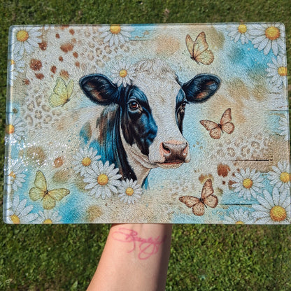 Dairy Cow Floral Glass Cutting Board