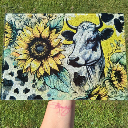Cowprint Sunflower Cow Glass Cutting Board