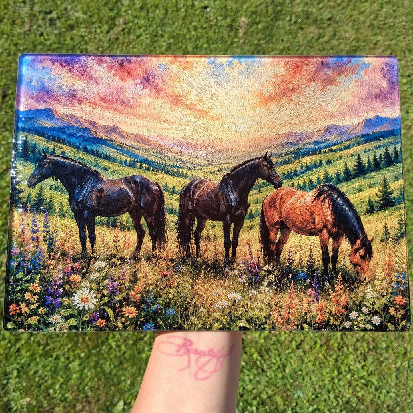 Watercolor Horses Glass Cutting Board