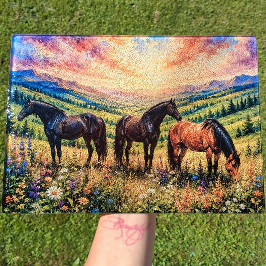 Watercolor Horses Glass Cutting Board