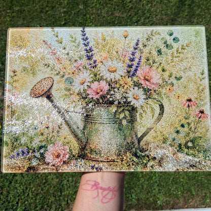 Watercolor Watering Can Glass Cutting Board