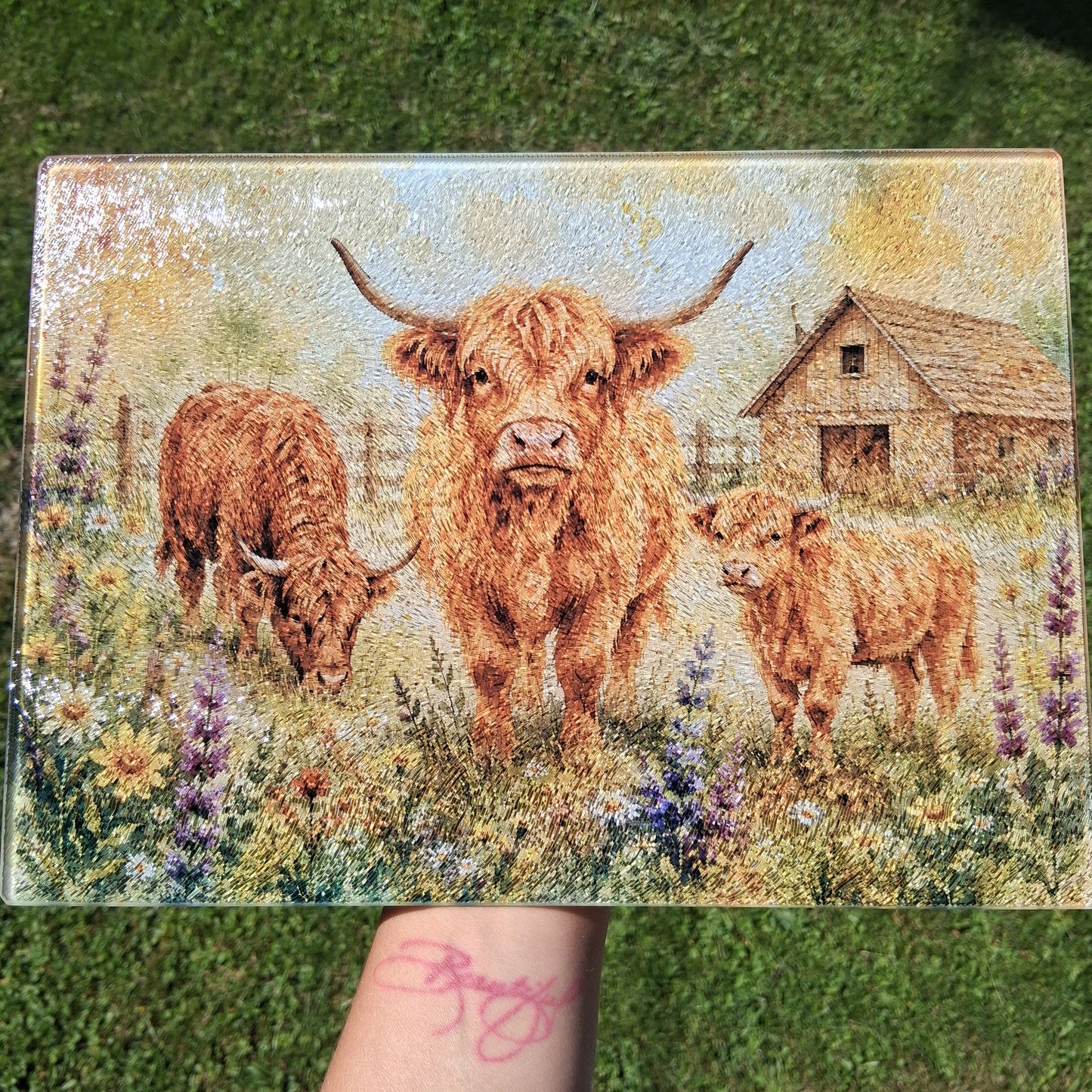 Watercolor Highland Cows Glass Cutting Board