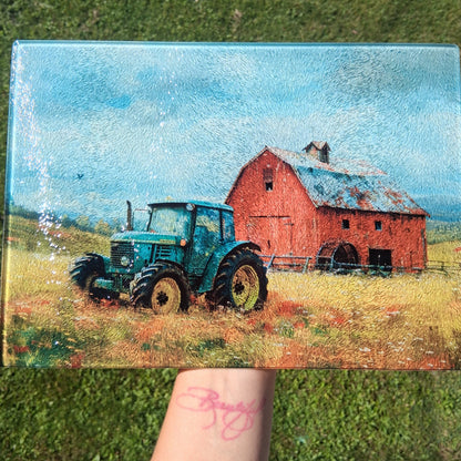 Barn Tractor Glass Cutting Board