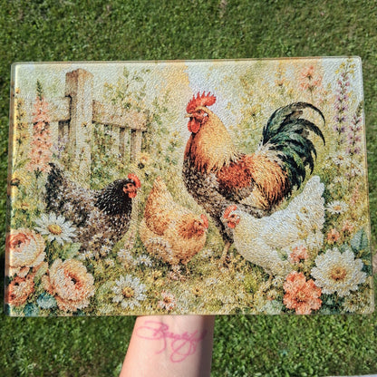 Watercolor Rooster & Hens Glass Cutting Board