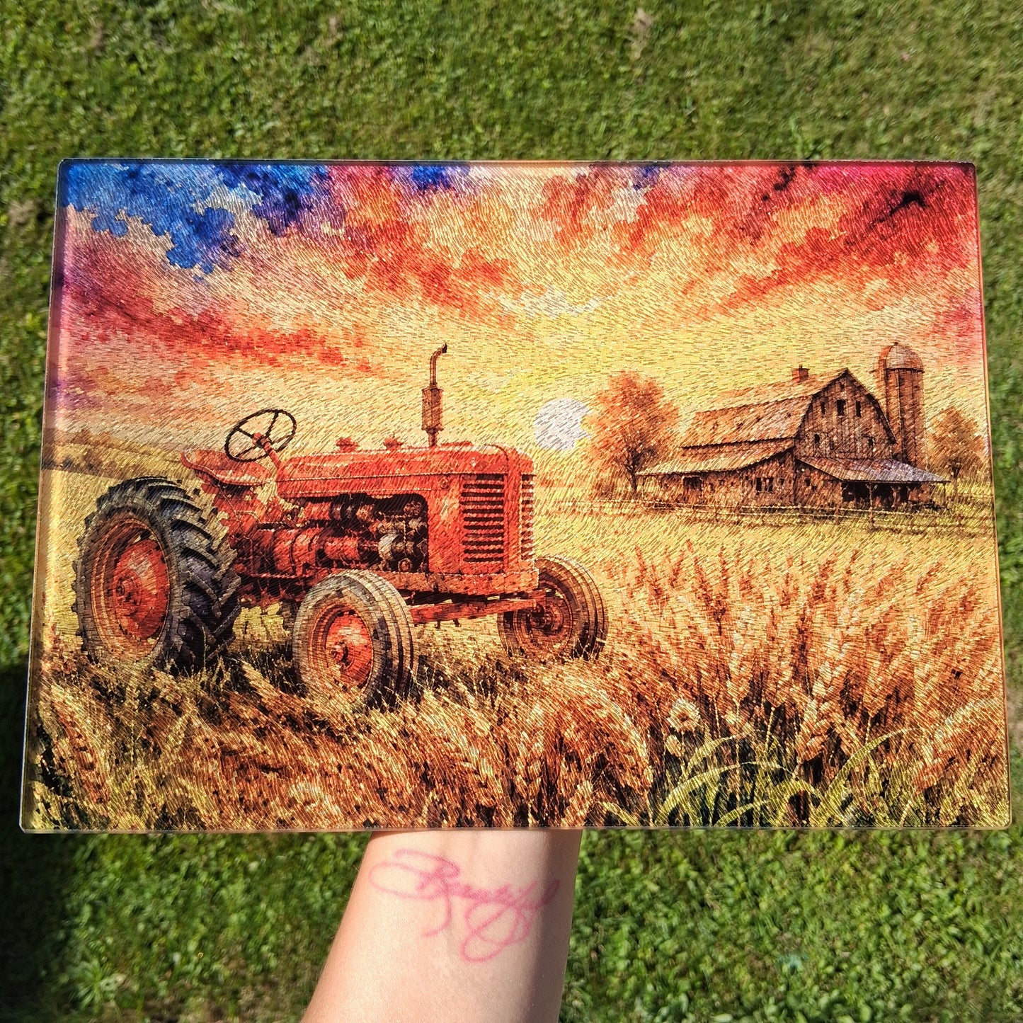 Watercolor Tractor Barn Glass Cutting Board