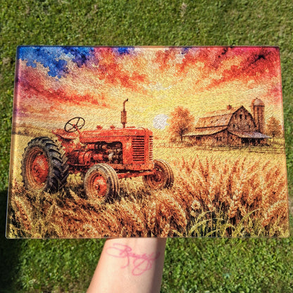 Watercolor Tractor Barn Glass Cutting Board