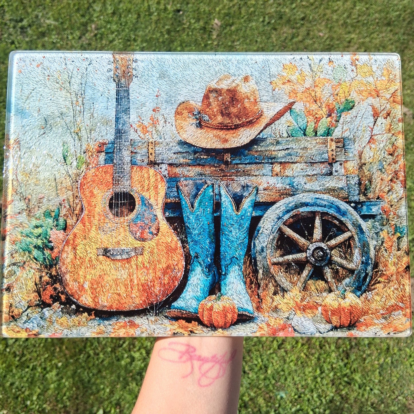 Cowgirl Guitar Glass Cutting Board