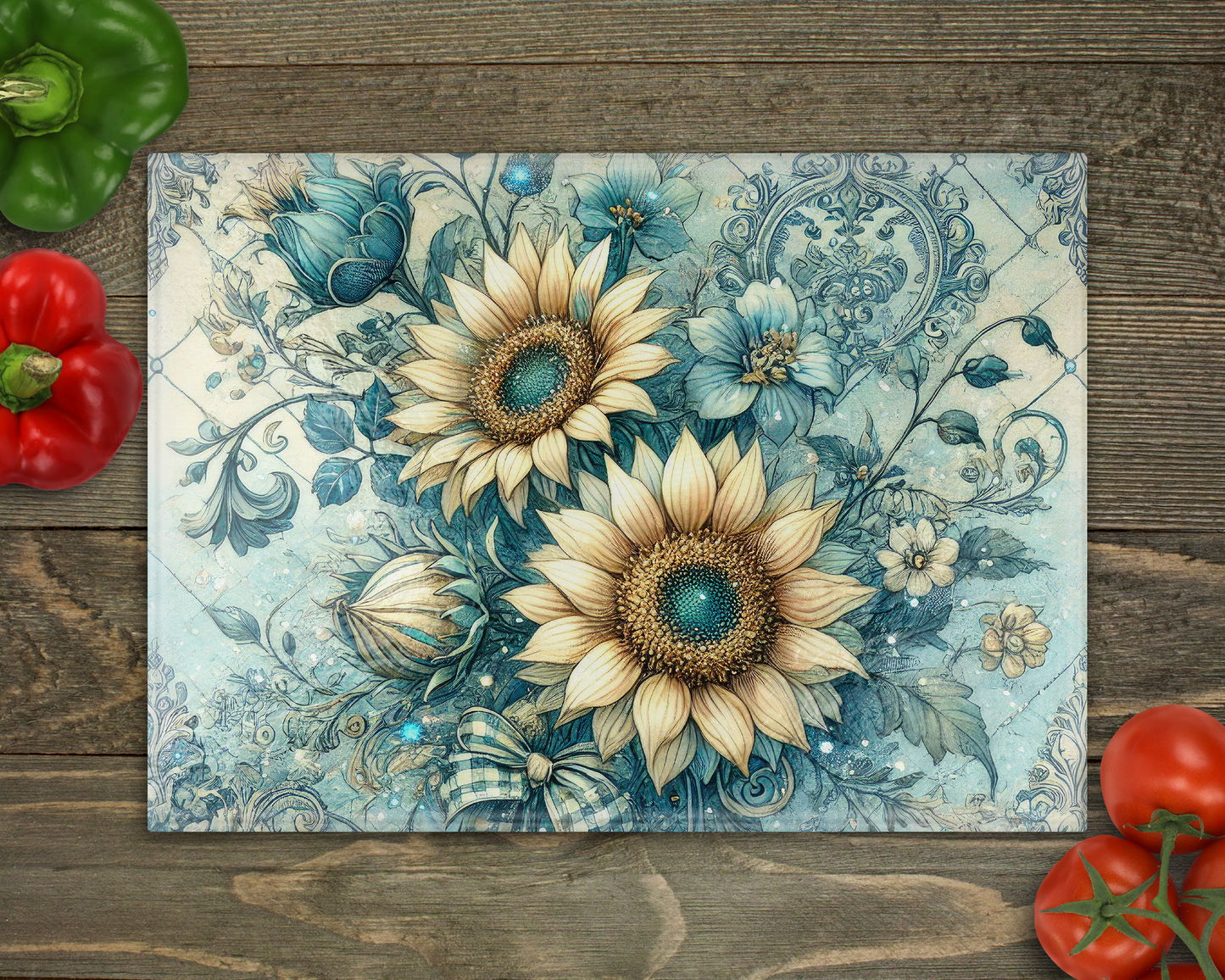 Shabby Blue Sunflowers Glass Cutting Board
