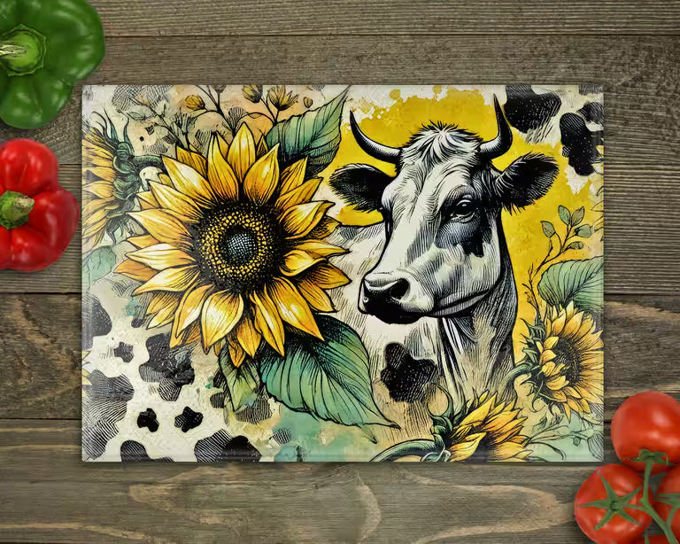 Cowprint Sunflower Cow Glass Cutting Board