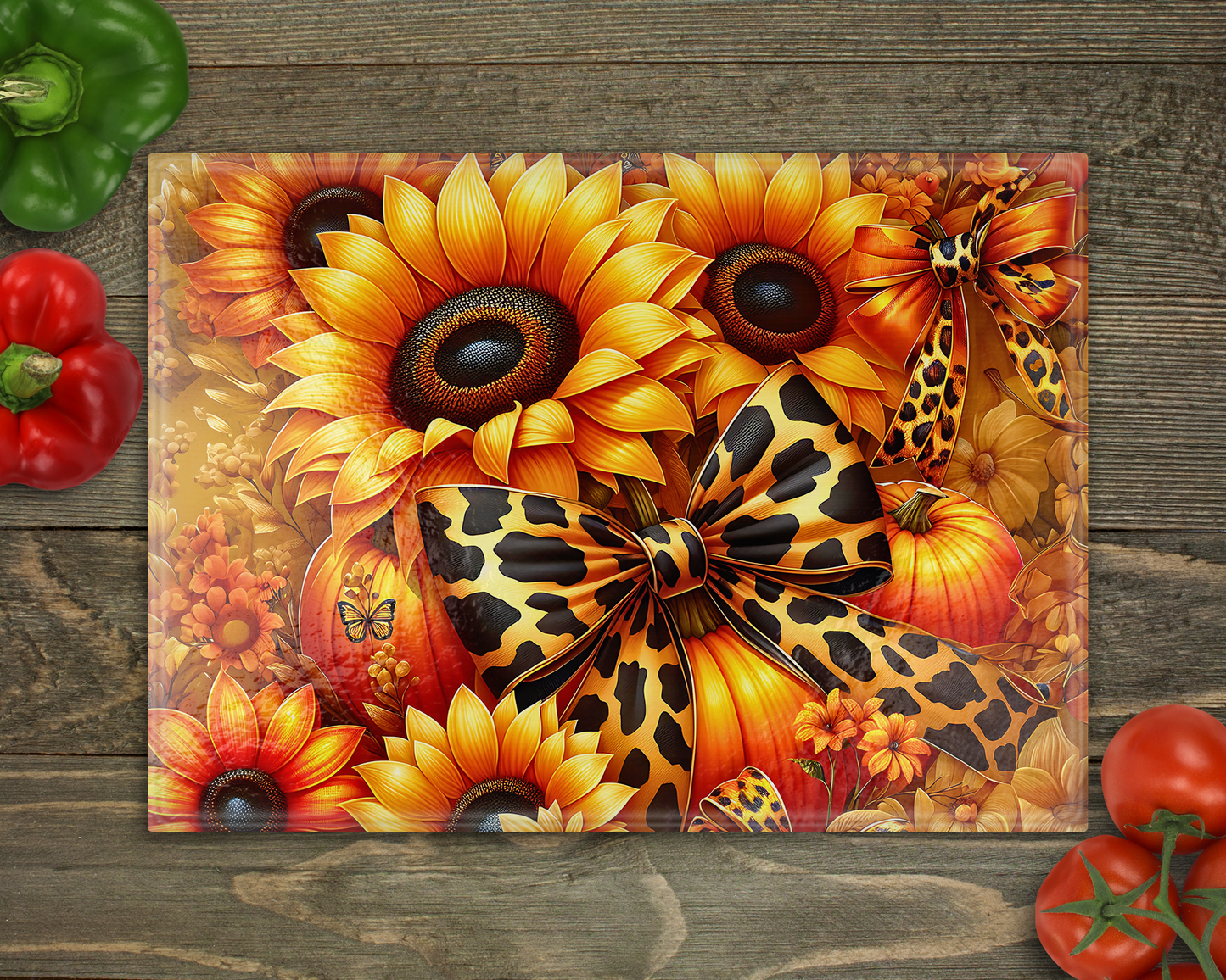 Sunflower Pumpkin Fall Bow Glass Cutting Board